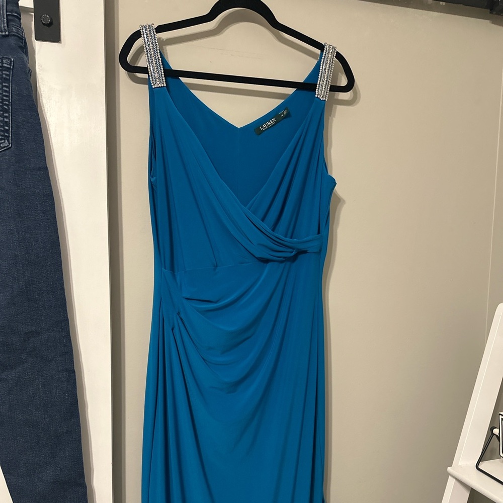 Lauren Ralph Lauren Evening Gown Teal Blue Draped Jeweled Strap Dress size 14 - Picture 4 of 6